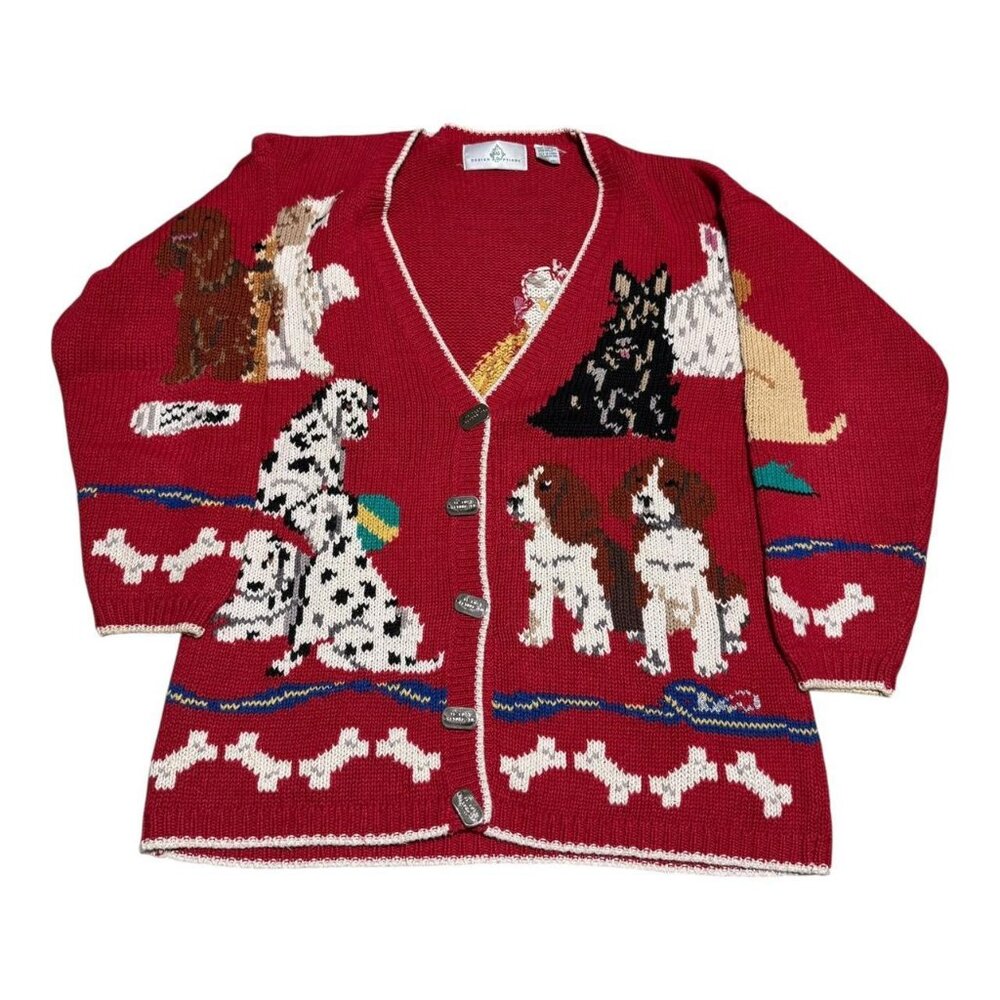 Vintage Design Options Dog Pets Red Ramie Cotton Cardigan Sweater Women's Medium